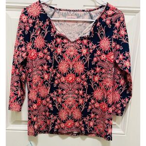 Talbots Floral Print‎ Top 3/4 Sleeve V-Neck Blouse Red Blue XS